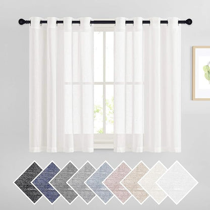 NICETOWN 45 inch Long Rich Linen Curtains Flax Texture, Grommet Top Rustic Drapes Half Window Semi Sheer with Light Filtering for Kitchen/Nursery/Cafe, Ivory, 104" Wide Total 2 Panels