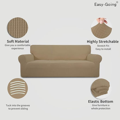 Easy-Going Stretch Sofa Slipcover 1-Piece Sofa Cover Furniture Protector Couch Soft with Elastic Bottom for Kids, Polyester Spandex Jacquard Fabric Small Checks (Sofa, Tan)