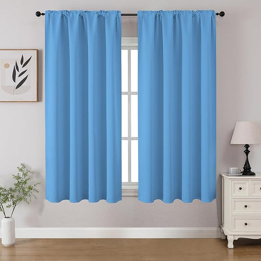 CUCRAF Light Blue Blackout Curtains 45 inch Length 2 Panels Set, Rod Pocket Room Darkening Drapes for Bedroom Living Room, Insulated Thermal Light Blocking Window Curtain (W52 x L45 Inch)
