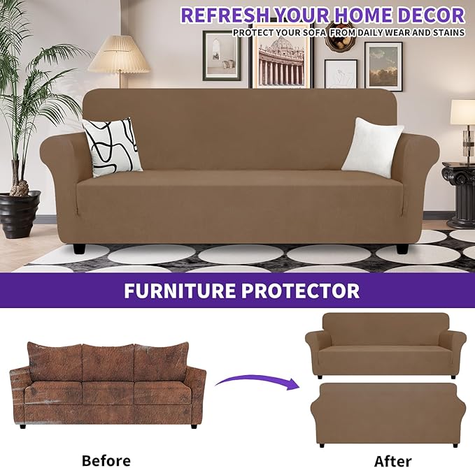 ZNSAYOTX Super Stretch Sofa Cover (72"-92"), New Striped Sofa Covers Fitted Slipcovers with Elastic Bottom, Dog Cat Pets Proof Spandex Washable Fabric Comfortable & Durable (Light Coffee, Sofa)