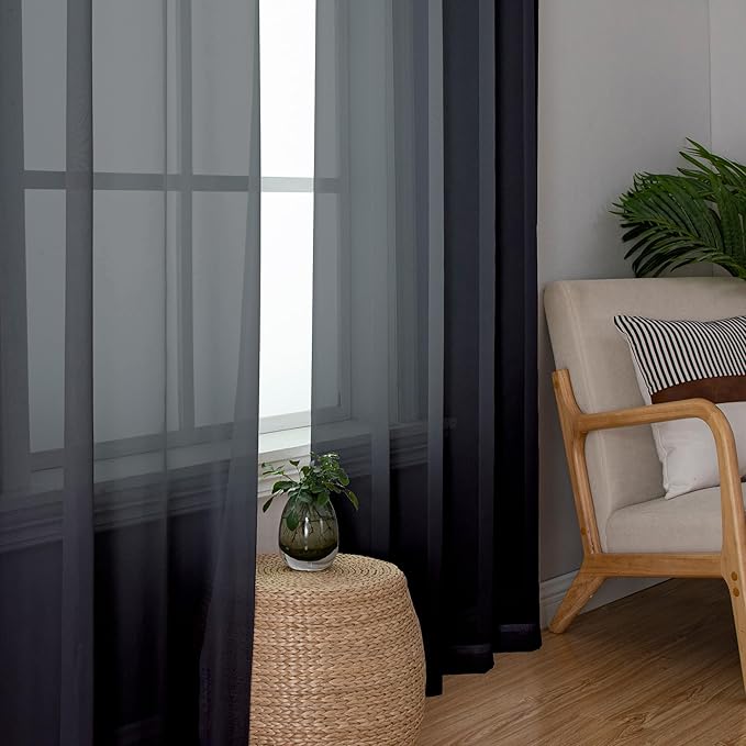 Lecloud Black Sheer Curtains 90 Inches Long 2 Panels Set, Privacy Voile Light Filtering Drapes, Airy Solid Window Curtains with Rod Pocket for Living Room Bedroom Basement, Each Panel 42" W x 90" L