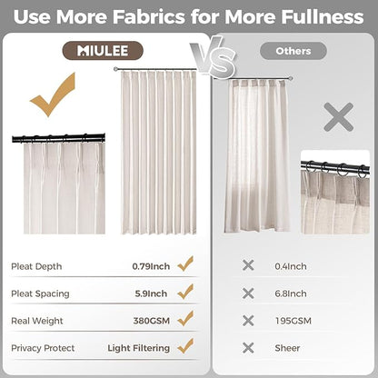 MIULEE Pinch Pleated Thick Linen Curtains 90 Inches Long 2 Panels for Living Room Bedroom, Memory Trained Pinch Pleat Drapes Back Tab Light Filtering Natural Ivory Cream Window Curtains with Hooks