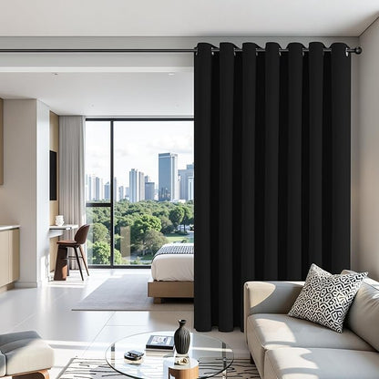 Joydeco Blackout Patio Sliding Door Curtains 108 Inches Long, Grommet Privacy Room Divider Curtains, Extra Wide Thermal Blackout Drapes for Bedroom Living Room (Black, 70Wx108L, 1 Panel)