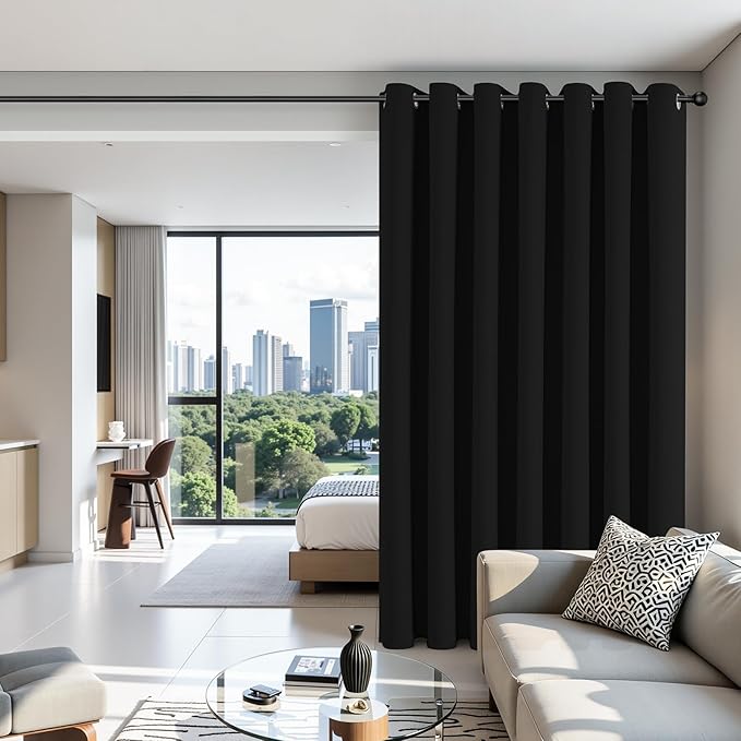 Joydeco Blackout Patio Sliding Door Curtains 90 Inches Long, Grommet Privacy Room Divider Curtains, Extra Wide Thermal Blackout Drapes for Bedroom Living Room (Black, 80Wx90L, 1 Panel)