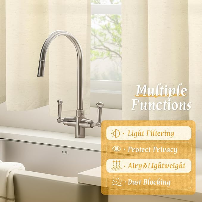 LAMIT 54 Inch Short Window Linen Curtains, Light Beige Soft Thick Light Filtering Panels Rod Pocket Neutral Privacy Faux Linen Drapes for Bedroom/Bathroom/Loft Room, 2 Panels, 42 x 54 Inch