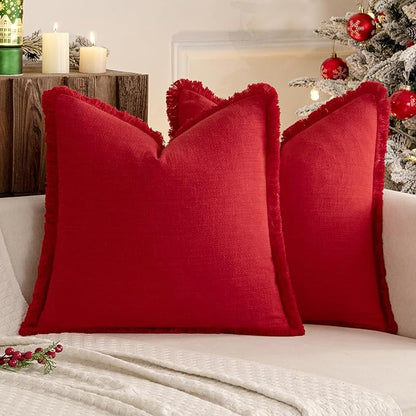 MIULEE Decorative Throw Pillow Covers Neutral Linen Fringe Throw Pillows Set of 2 Red Boho Farmhouse Cushion Covers with Tassels for Couch Sofa Bed Living Room Spring Home Decor 18x18 Inch