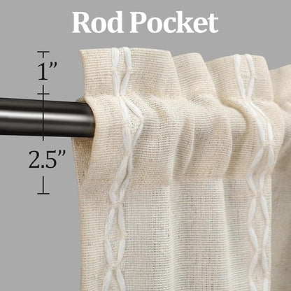 Boho Kitchen Cafe Curtain 24 Inch Length, 36 Inch Width, Single Panel Beige Linen Blend Embroidered Tier Curtain, Light Filtering for Small Window