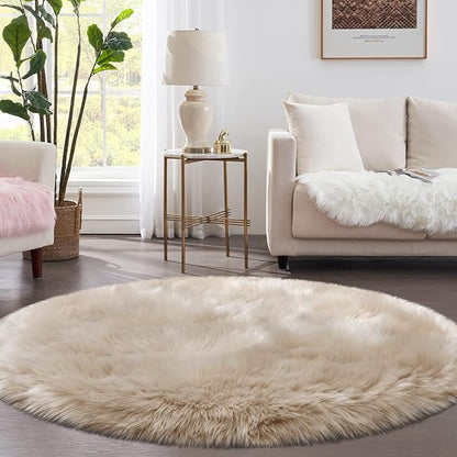 Tangsoo Round Faux Fur Rugs, Sheepskin Round Rugs 3ft, Soft Small Circle Rug, 3x3 Beige Fuzzy Plush Fur Rug, Shag Circular Rugs Floor Carpet for Bedroom, Kids Room, Nursery, Girls Room, Dorm