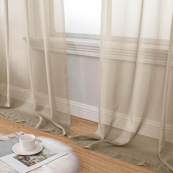 Extra Long Sheer Taupe Curtains for Bedroom Living Room 120 Inches Long 2 Panels Set, Solid Soft Light Filtering Rod Pocket Sheer Window Curtains, Taupe, Each 42" Wx120 L Inch