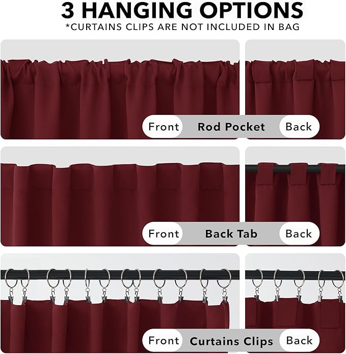 Deconovo Rod Pocket and Back Tab Curtains Solid Thermal Insulated Blackout Curtains for Bedroom 52Wx63L Inch Burgundy Red 2 Panels