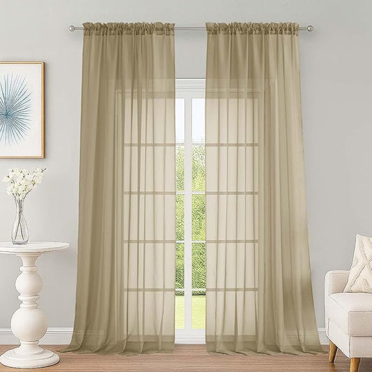 OWENIE Extra Long Taupe Sheer Curtains 96 Inches Long 2 Panels Set, Soft Lightweight Airy Voile Sheer Curtain for Bedroom Living Room, Rod Pocket Solid Color Farmhouse Curtains, 59" Wx96 L Inch