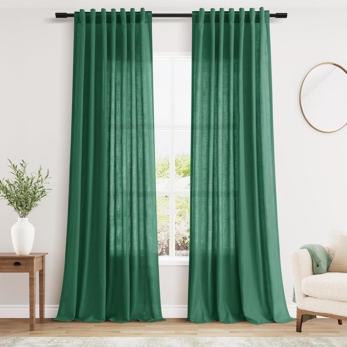 Dark Green Linen Curtains 108 Inches Long for Living Room 2 Panels Set Extra Long Back Tab Curtain Sheer Light Filtering Emerald Green Drapes Floor to Ceiling Curtains for Large Windows 52x108