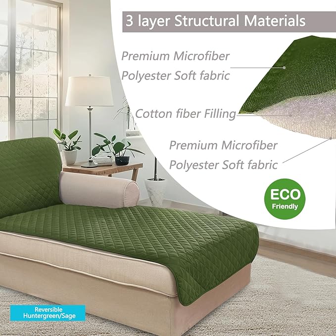 U-NICE HOME Sectional Couch Cover for Dogs Pets Chaise Lounge Reversible Sofa Cover Furniture Protector with Elastic Adjustable Strap, Huntergreen/Sage
