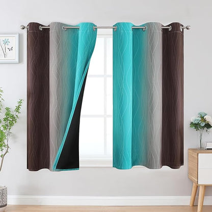 Estelar Textiler Brown and Teal Ombre Blackout Curtains 45 Inch Length 2 Panels, Full Room Darkening Gradient Drapes for Kitchen, Thermal Insulated Grommet Short Curtains for Bathroom, 42Wx45L