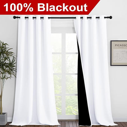 NICETOWN White Blackout Curtains 90 inches Long, Full Light Blocking Drapes with Black Liner for Nursery, Thermal Insulated Draperies for Hall, Villa (2 Pieces, 46" Wide Each Panel, Pure White)