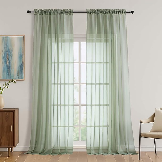 OVZME Sage Green Bedroom Curtains 96 Length for Farmhouse, 59 Inch Extra Wide Light Filtering Voile Drapes Light Airy Window Decor for Patio Door Living Room Bedroom Dining, 59Wx96L Inches