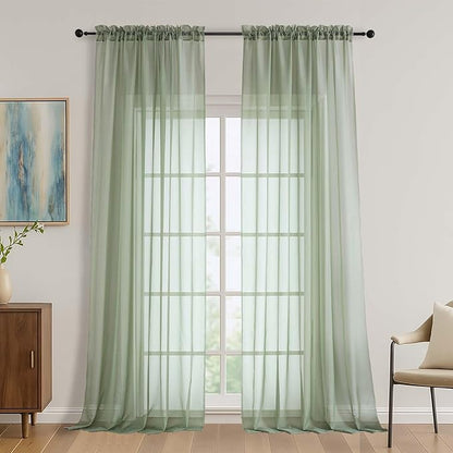 OVZME Sage Green Bedroom Curtains 96 Length for Farmhouse, 59 Inch Extra Wide Light Filtering Voile Drapes Light Airy Window Decor for Patio Door Living Room Bedroom Dining, 59Wx96L Inches