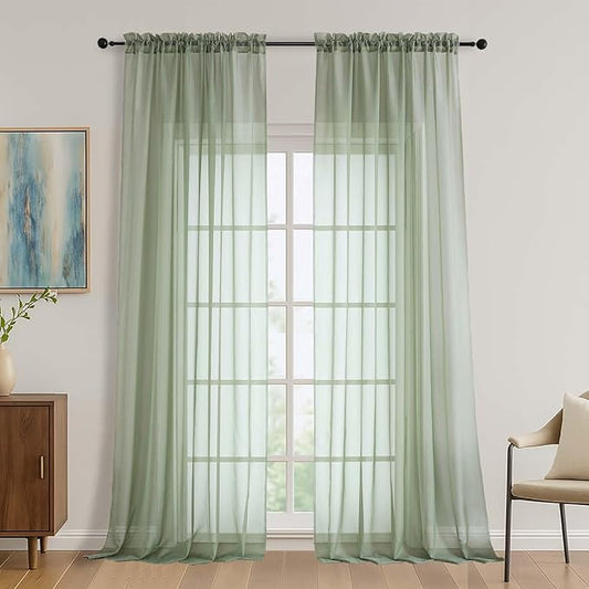 OVZME Sage Green Bedroom Curtains 96 Length for Farmhouse, 59 Inch Extra Wide Light Filtering Voile Drapes Light Airy Window Decor for Patio Door Living Room Bedroom Dining, 59Wx96L Inches