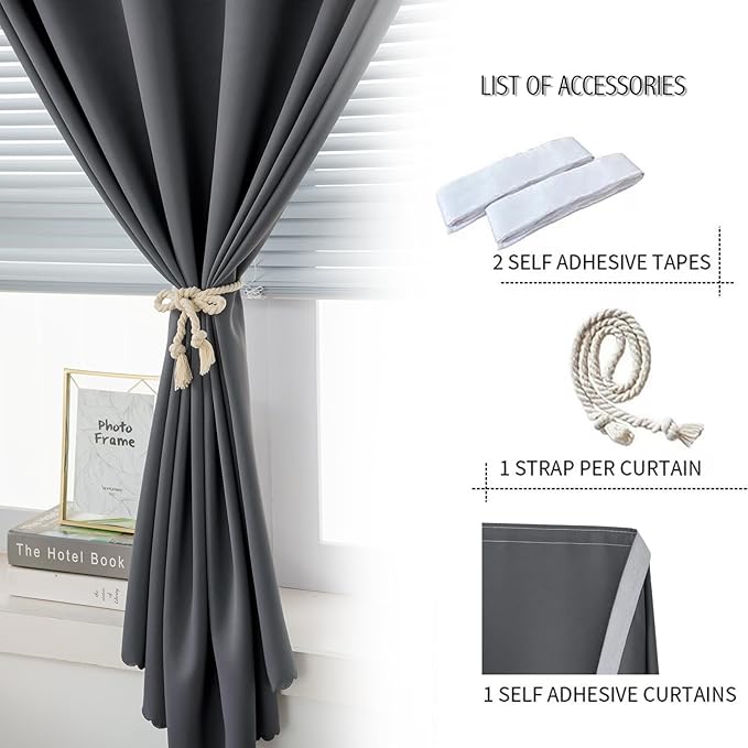 Magic Tape Stick On Curtains Window Shades Pull Down Blackout Window Cover Blackout Curtains for Bedroom No Drillng Self Adhesive Curtains No Rod Small Curtain, 47" W X 79" L, Grey, 1 Panel