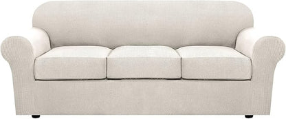 H.VERSAILTEX 4 Piece Stretch Couch Covers for 3 Cushion Couch Sofa Furniture Slipcovers Feature Upgraded Thicker Jacquard Fabric (Sofa, Ivory)