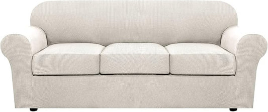 H.VERSAILTEX 4 Piece Stretch Couch Covers for 3 Cushion Couch Sofa Furniture Slipcovers Feature Upgraded Thicker Jacquard Fabric (Sofa, Ivory)