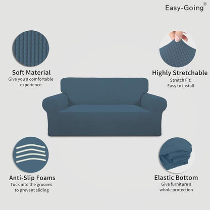 Easy-Going Stretch Oversized Loveseat Slipcover 1-Piece Sofa Cover Furniture Protector Couch Soft with Elastic Bottom for Kids Polyester Spandex Jacquard Fabric Small Checks Bluestone