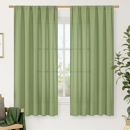 LAMIT Sage Green Linen Curtains 63 inch Length for Bedroom, Faux Linen Light Filtering Window Treatments Neutral Rod Pocket Drapes for Living Room/Farmhouse, 2 Panels Set, 52 x 63 Inch