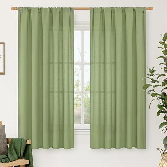 LAMIT Sage Green Linen Curtains 63 inch Length for Bedroom, Faux Linen Light Filtering Window Treatments Neutral Rod Pocket Drapes for Living Room/Farmhouse, 2 Panels Set, 52 x 63 Inch