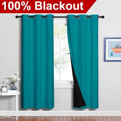 NICETOWN Full Shade Curtain Panels, 37" Wide x 70" Long, Peacock Teal, Pair of Thermal Insulated & Energy Efficiency Blackout Drapes for Living Room, Lined Silky Performance Window Dressing