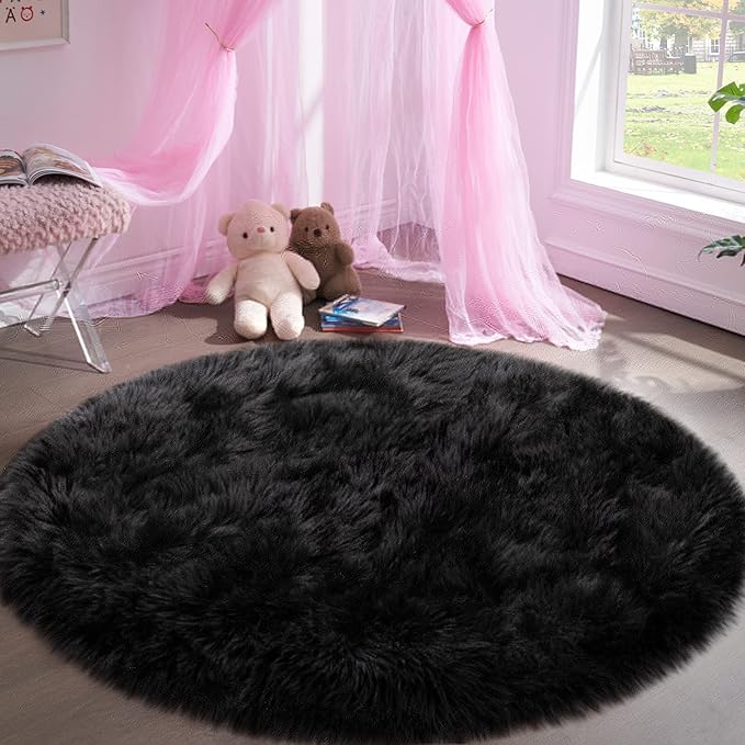 Faux Fur Rug for Bedroom, Black Fluffy Round Rug for Kids Room, Small Furry Circle Rugs 3X3, Soft Shag Circular Rug for Nursery, Fuzzy Plush Floor Carpet, Cute Indoor Decor for Gilrs Teen's Dorm