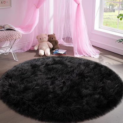 Faux Fur Rug for Bedroom, Black Fluffy Round Rug for Kids Room, Small Furry Circle Rugs 3X3, Soft Shag Circular Rug for Nursery, Fuzzy Plush Floor Carpet, Cute Indoor Decor for Gilrs Teen's Dorm