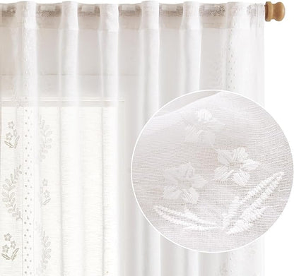 jinchan Belrose Linen Sheer Curtains for Living Room 63 Inch Length Sheer Voile Embroidered Floral Curtains for Bedroom Light Filtering Rod Pocket Window Treatments Farmhouse Decor 2 Panels White