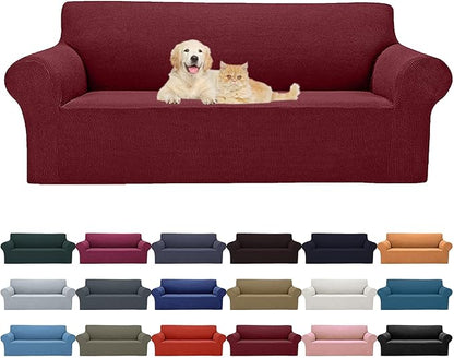 Cupuamon 2026 New Stretch Sofa Slipcovers Couch Cover for 3 Cushion Furniture Protector Sofa Covers with Elastic Bottom Jacquard Fabric Small Checks for Pets, Kids -Sofa, Dark Red