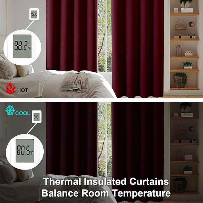 Simplebrand Ava Burgundy Blackout Curtains for Bedroom 84 Inch Length 2 Panels Set, Solid Thermal Insulated Privacy Living Room Window Treatment Curtains Blackout Drapes, W50 x L84 Inch, Burgundy