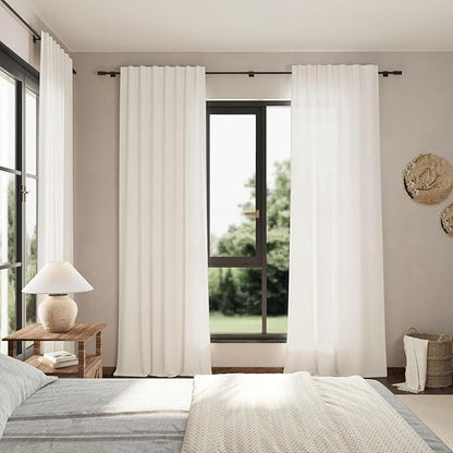 Nanspring Beige White Linen Curtains for Living Room 98 Inches Long Back Tab and Rod Pocket Light Filtering Semi Sheer Curtain Rustic Farmhouse Decor Luxury Drapes for Bedroom Office 52x98, 2 Panels