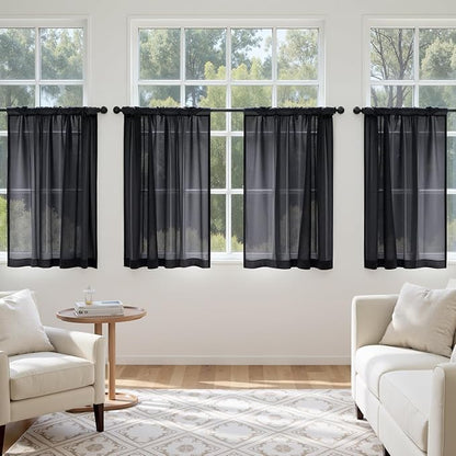 MIULEE Short Curtains 30 Inches Long, 4 Panels Set, Light Filtering Half Window Tier Black Sheer Curtains for Kitchen/Bathroom, 42W x 30 Inches