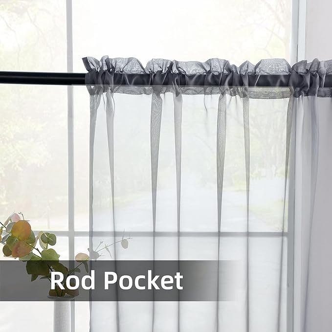 youleyar Solid Sheer Rod Pocket Curtain Voile Draperies 2 Panels White Beige Black Grey Coffee 38 Inch Width 45 Inch Long 1 Pair for Kitchen Bedroom Children Living Room Yard(Grey,38Wｘ45L)