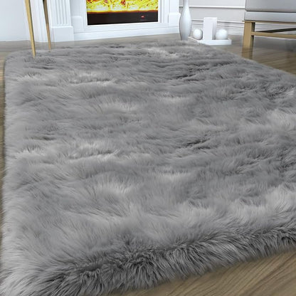 Fluffy Area Rug, Grey Faux Fur Rug for Bedroom 3'x5', Soft Shag Fuzzy Rugs for Living Room, Gray Furry Bedside Nursery Rug Plush Indoor Floor Carpet for Kids Room Teen Dorm,Home Decor Aesthetic