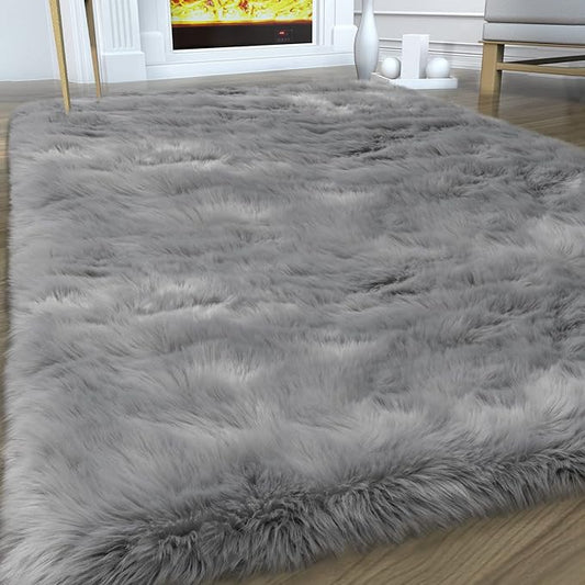 Fluffy Area Rug, Grey Faux Fur Rug for Bedroom 3'x5', Soft Shag Fuzzy Rugs for Living Room, Gray Furry Bedside Nursery Rug Plush Indoor Floor Carpet for Kids Room Teen Dorm,Home Decor Aesthetic