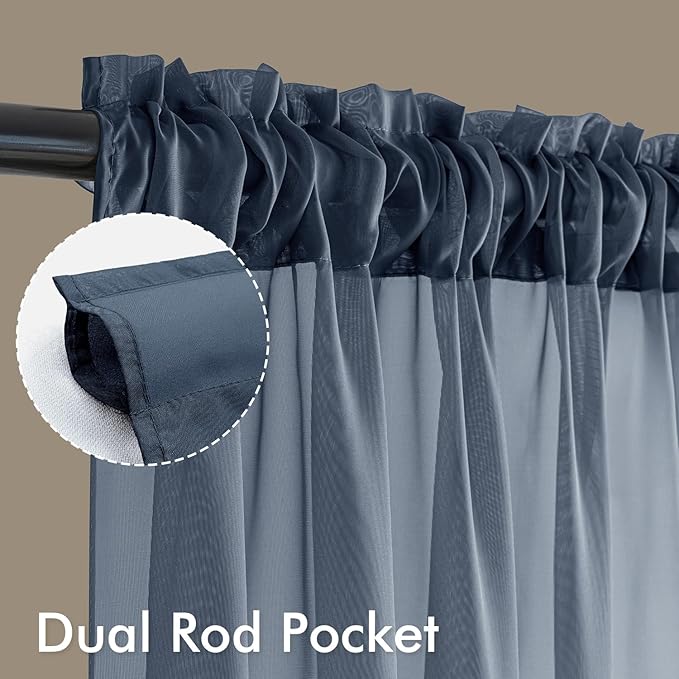 MIULEE Navy Blue Sheer Curtains 96 Inches Long, 4 Panels Set, Light Filtering Rod Pocket Voile Drapes Window Treatments, Semi Transparent Airy Fabric for Bedroom and Living Room, 42 x 96 Inches