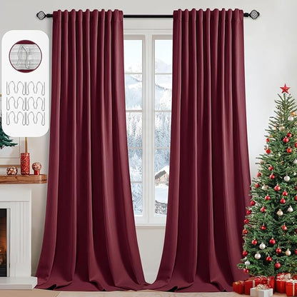 MIULEE Christmas Wine Red Back Tab Blackout Curtains 102 Inch Long 2 Panels Set for Bedroom, Rod Pocket/Pinch Pleated Thermal Insulated Living Room Darkening Light Blocking Floor to Ceiling Drapes
