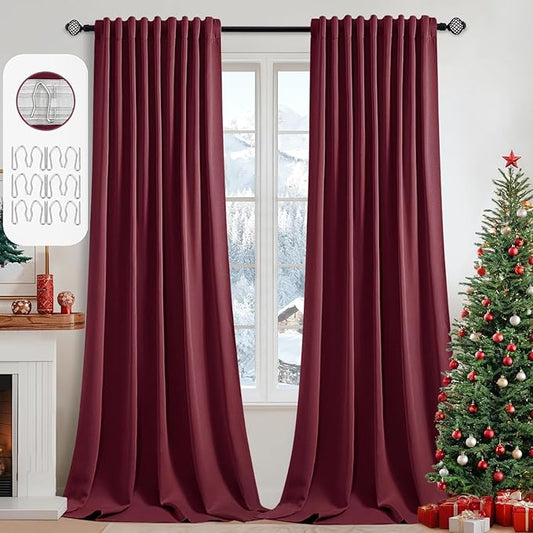 MIULEE Christmas Wine Red Back Tab Blackout Curtains 102 Inch Long 2 Panels Set for Bedroom, Rod Pocket/Pinch Pleated Thermal Insulated Living Room Darkening Light Blocking Floor to Ceiling Drapes