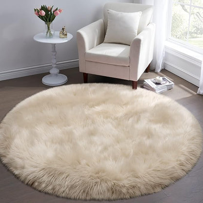 Fluffy Round Rug for Kids Room Beige Circle Faux Fur Area Rug for Bedroom, 4x4 Fuzzy Shag Rugs Furry Nursery Rug Teepee Mat, Circular Plush Floor Carpet