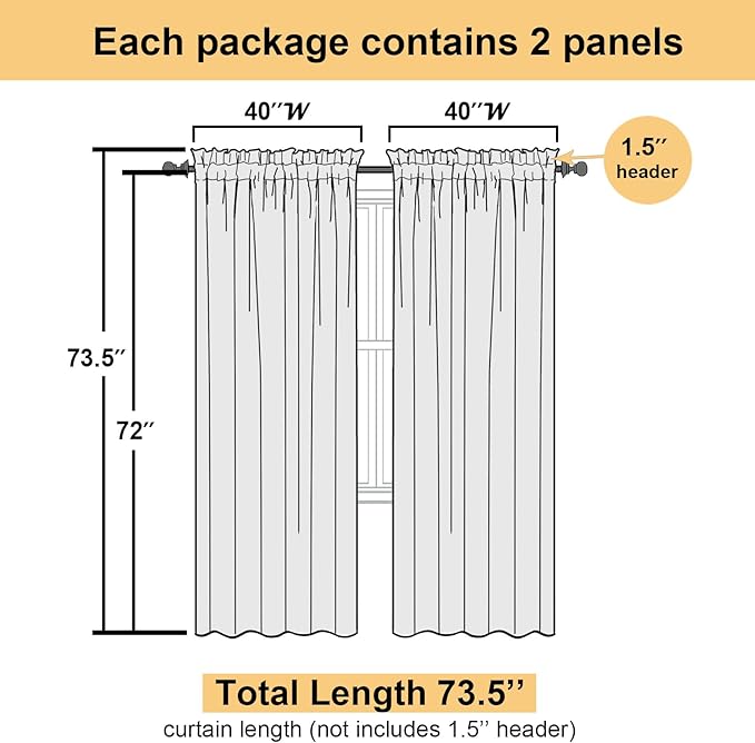 Lecloud White Sheer Curtains 72 Inches Long 2 Panels, Light Filtering Voile Drapes for Window/Door, Breathable Rod Pocket Window Treatments for Bedroom Living Room, Each 40" W x 72" L