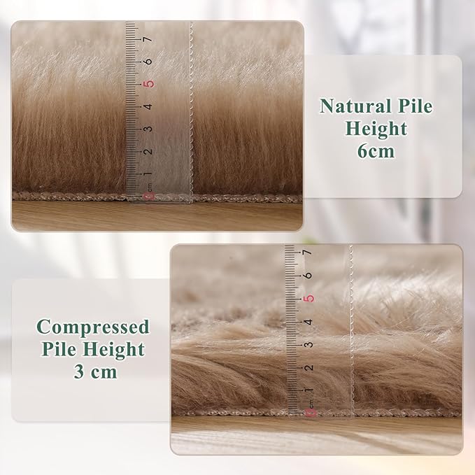 ORINOVA Beige Round Rugs 6ft Fuzzy Faux Sheepskin Washable Fluffy Fur Area Rugs for Bedroom Large Circle Nursery Living Room Shag Rug