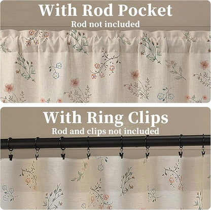 Kitchen Valances for Windows, Country Farmhouse Cottage Rustic Vintage Floral Linen Light Filtering Bedroom Living Room Patterned Printed Western Rod Pocket(1 Panel,52 x 18 Inch)