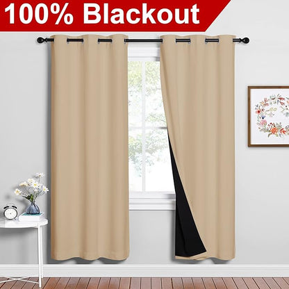 NICETOWN Living Room Completely Shaded Draperies, Privacy Protection & Noise Reducing Ring Top Drapes, Black Lined Insulated Window Treatment Curtain Panels(Biscotti Beige, 2 Pieces, W42 x L72)