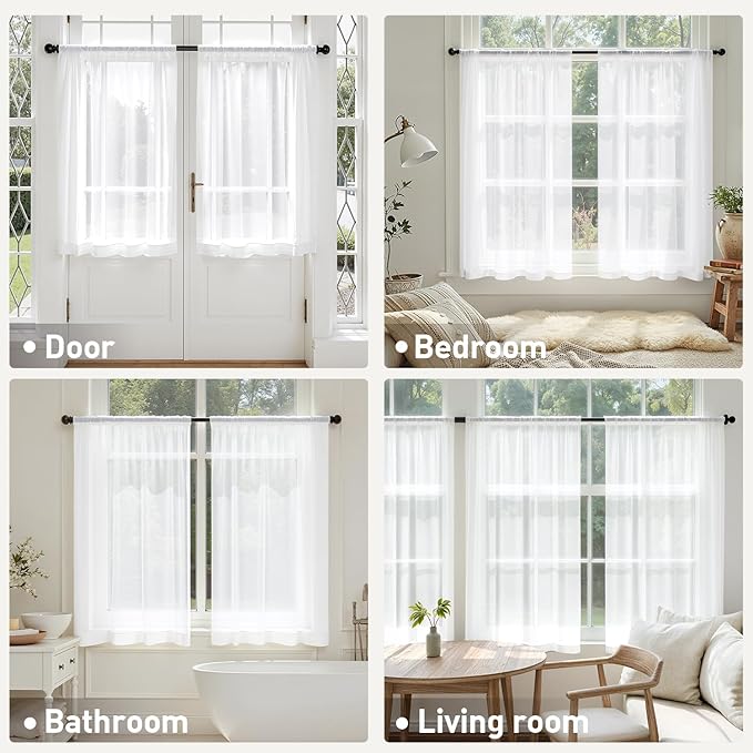 MIULEE Short Sheer Curtains 45 Inches Long, 4 Panels Set, Light Filtering Rod Pocket Curtains for Kitchen/Bathroom Small Windows, 42W x 45 Inches, White