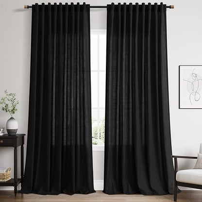 Nanspring 96 inch Linen Curtains for Bedroom Living Room Light Filtering Privacy Black Simple Modern Curtains Back Tab and Rod Pocket Curtain for Office/Dinner Room 70x96,2 Panel