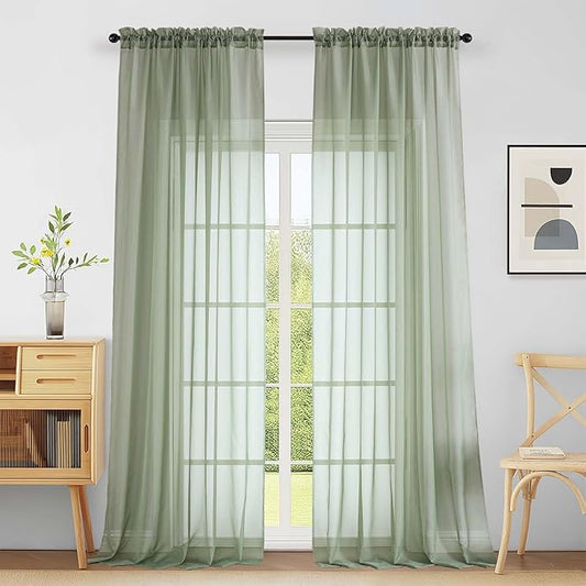 Extra Wide Sage Green Sheer Curtains for Window 96 Inches Long 2 Panels, Elegant Light Filtering Voile Sheer Curtains for Sliding Glass Door, Dual Rod Pocket Window Drapes, 2x59Wx96L Inches